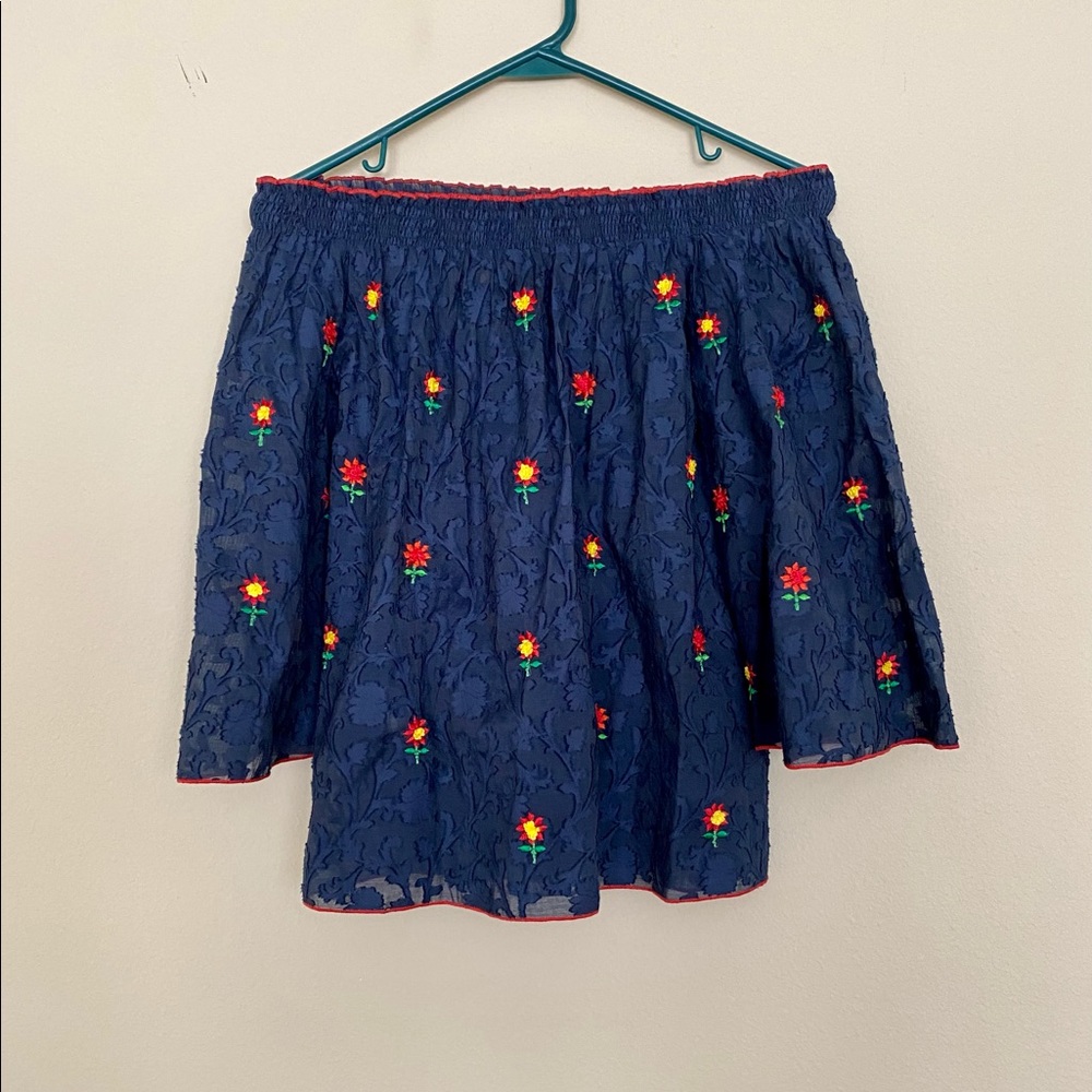 ANTHROPOLOGIE/ PAYAL JAIN Jayna Embroidered Off The Shoulder Navy Top - Sz XS - Picture 8 of 11
